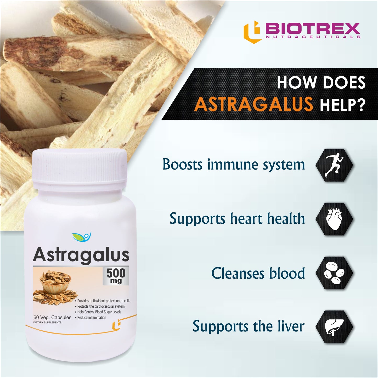 Biotrex Astragalus 500mg Supplement - 60 Veg Capsules