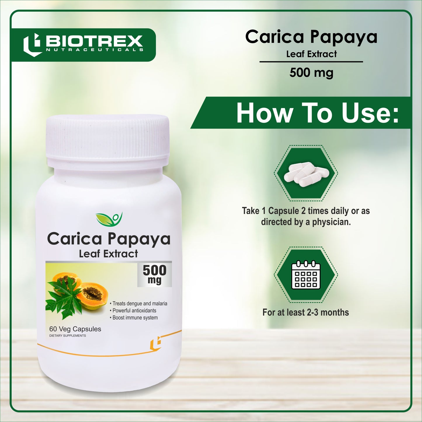 Biotrex Carica Papaya 500mg - 60 Capsules
