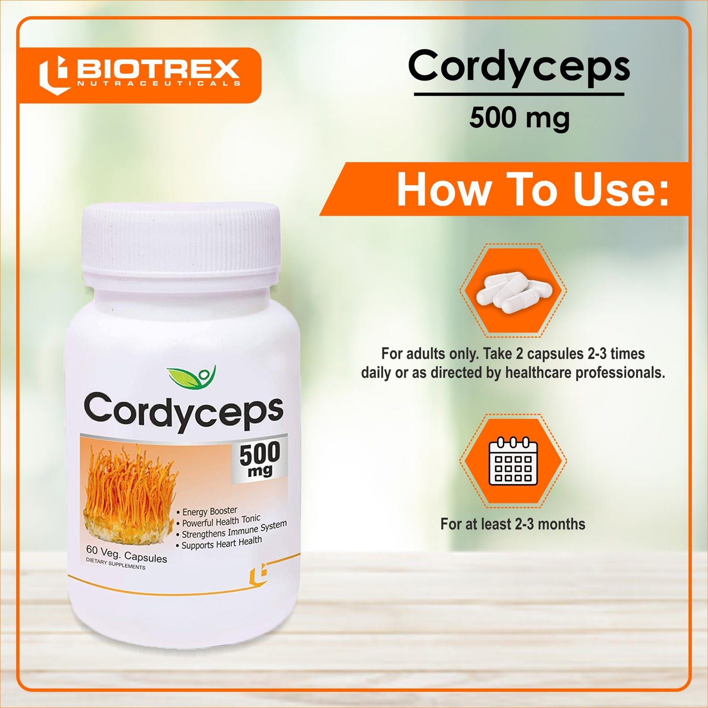Biotrex Cordyceps 500mg-60 Veg Capsules Increases Energy, Stamina & Athletic Performance Enhancement