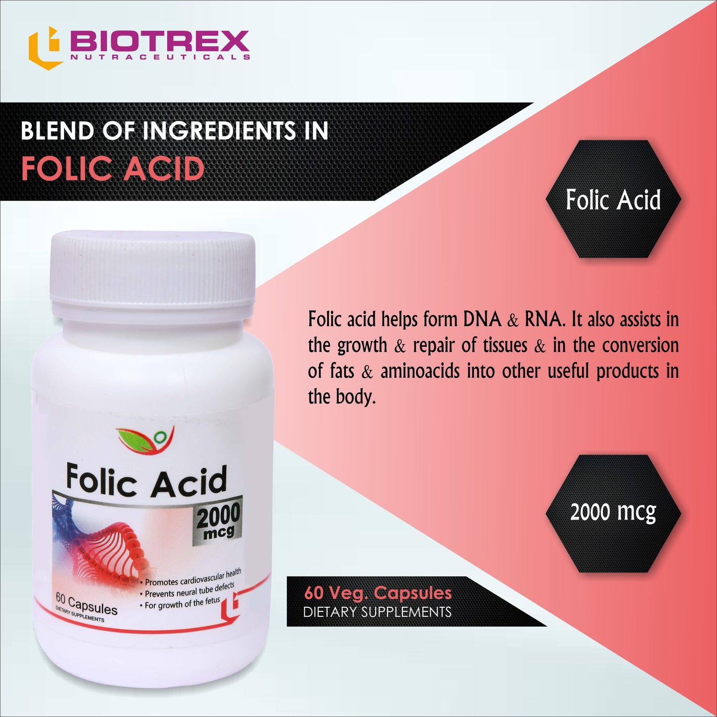 Biotrex Folic Acid 2000mcg - 60 Capsules